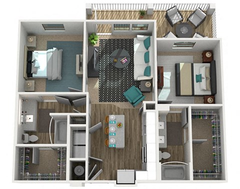 Floor plan for 2 beds, 2 baths, 1073 sqft